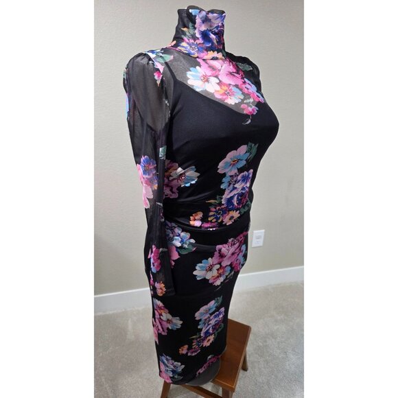 Floral Long-Sleeve Black Mesh Midi Dress With Ruched Design & High Neckline - Picture 1 of 10